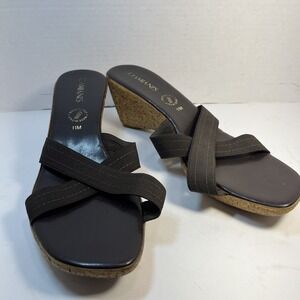 Womens DAMIANI'S Brown Leather Cork Wedge Sandals Heels Slip Ons Shoes Sz 11 M